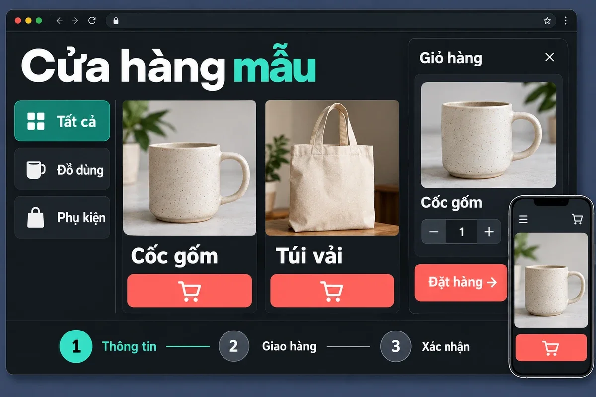 Giao diện website bán hàng với danh mục sản phẩm, giỏ hàng và các bước đặt hàng
