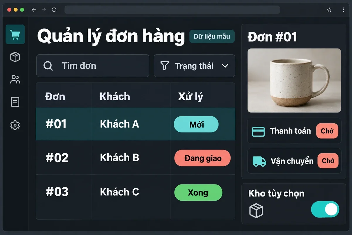 Giao diện quản lý đơn hàng với trạng thái xử lý, thanh toán và vận chuyển theo phạm vi hệ thống