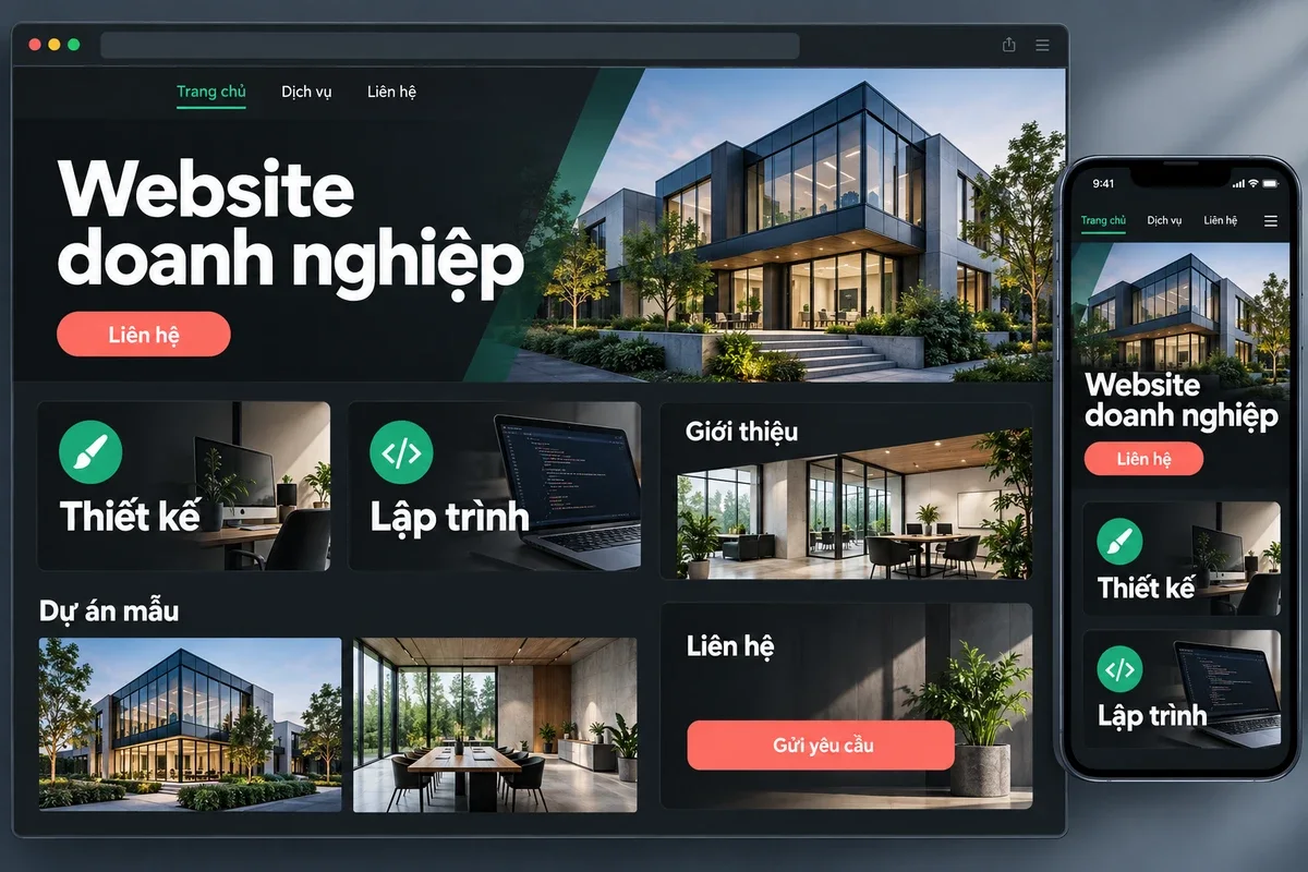Giao diện website doanh nghiệp với phần giới thiệu dịch vụ, thông tin công ty và lời kêu gọi liên hệ