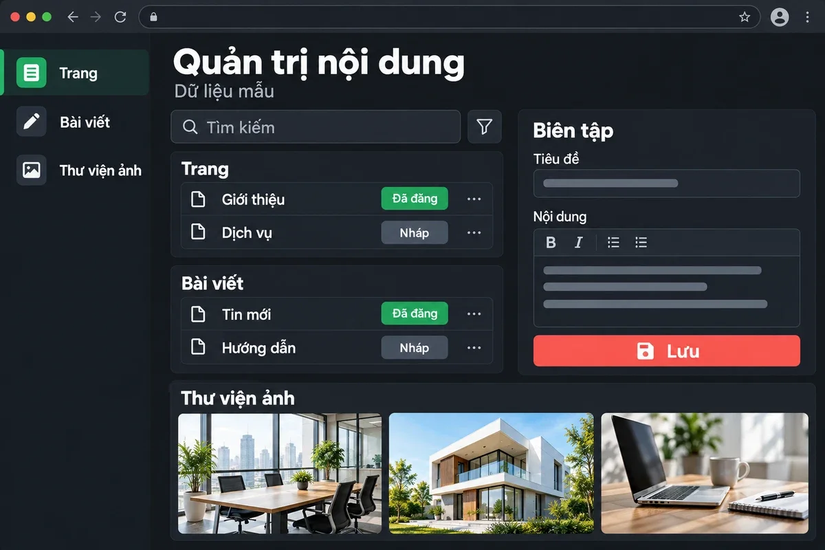 Giao diện CMS quản lý trang, bài viết và thư viện ảnh của website doanh nghiệp
