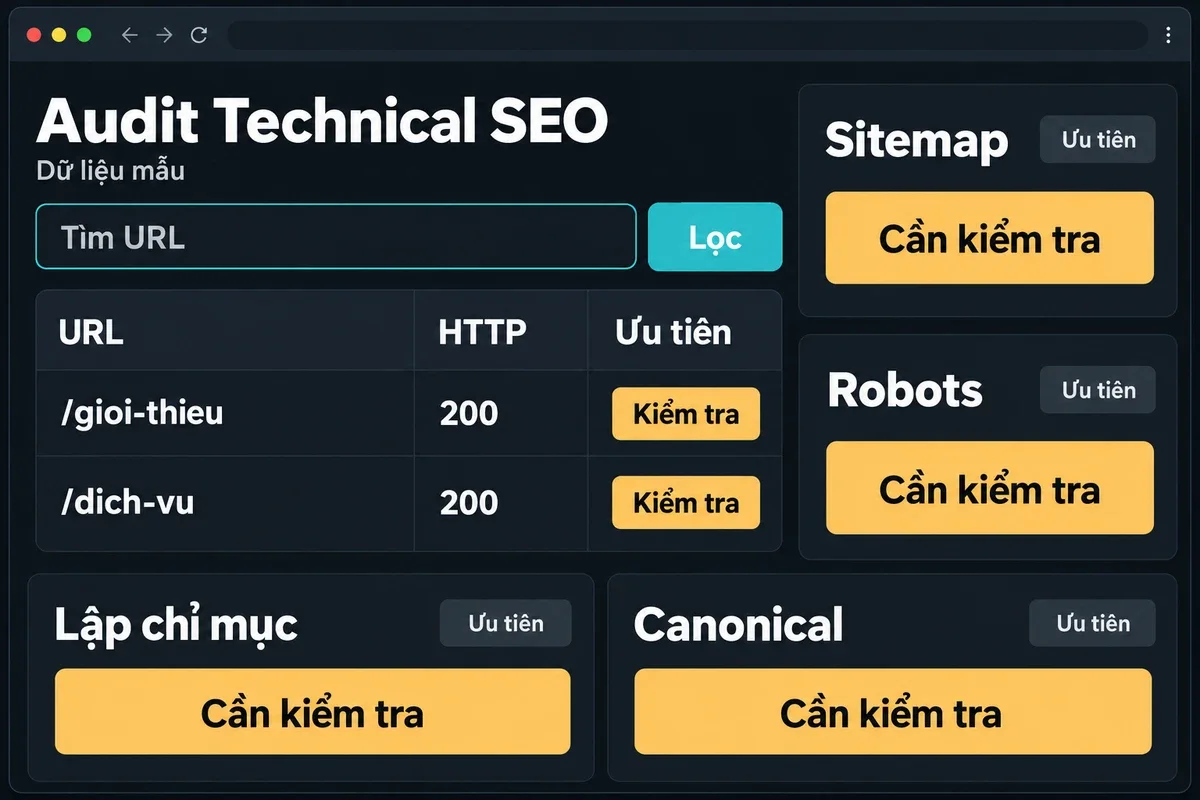 Giao diện bảng audit Technical SEO với URL, trạng thái lập chỉ mục, canonical và mức độ ưu tiên lỗi