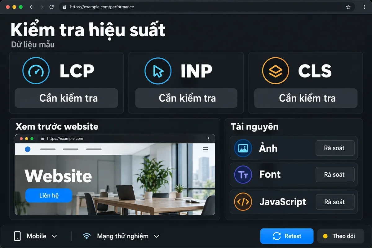 Giao diện kiểm tra hiệu suất website với các chỉ số LCP, INP, CLS và danh sách tài nguyên cần rà soát