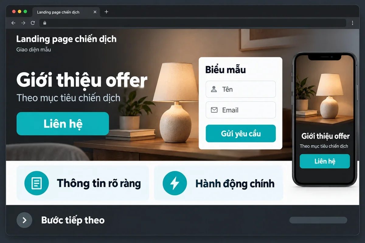 Giao diện landing page chiến dịch với phần giới thiệu offer, nút CTA và biểu mẫu liên hệ