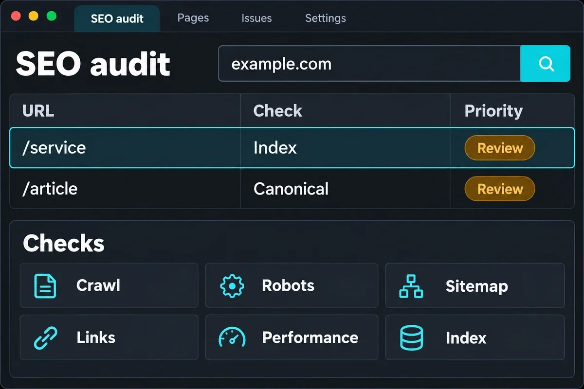 Giao diện bảng audit Technical SEO với các kiểm tra crawl, index, canonical, sitemap, liên kết và hiệu suất