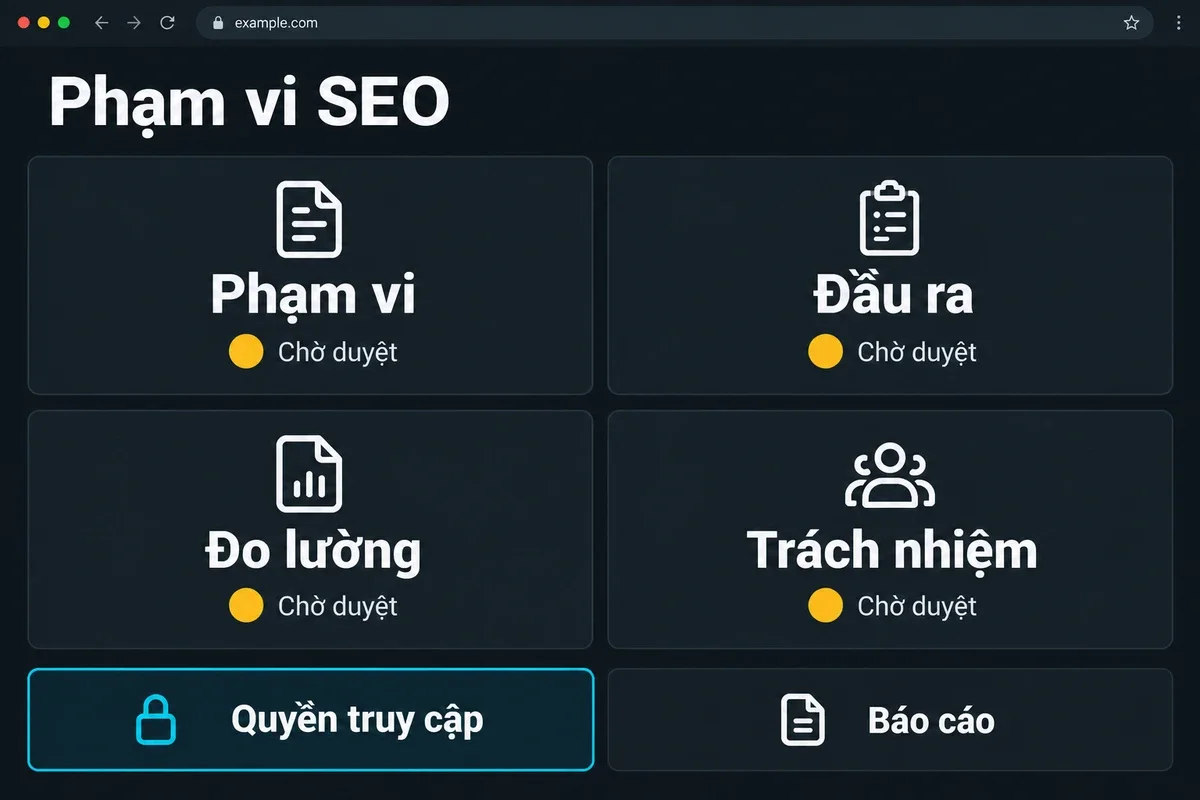 Giao diện bảng phạm vi dịch vụ SEO với đầu ra, đo lường và trách nhiệm của các bên