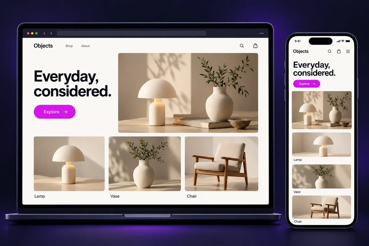 Concept thiết kế responsive cho website nội thất, hiển thị bố cục sản phẩm trên máy tính và điện thoại.