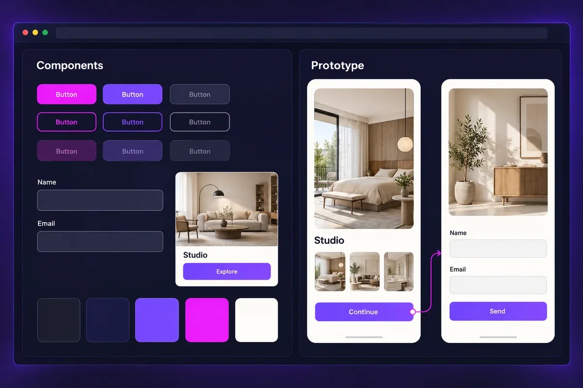 Bảng design system gồm nút bấm, ô nhập liệu, thẻ nội dung, bảng màu và hai màn hình prototype được liên kết.