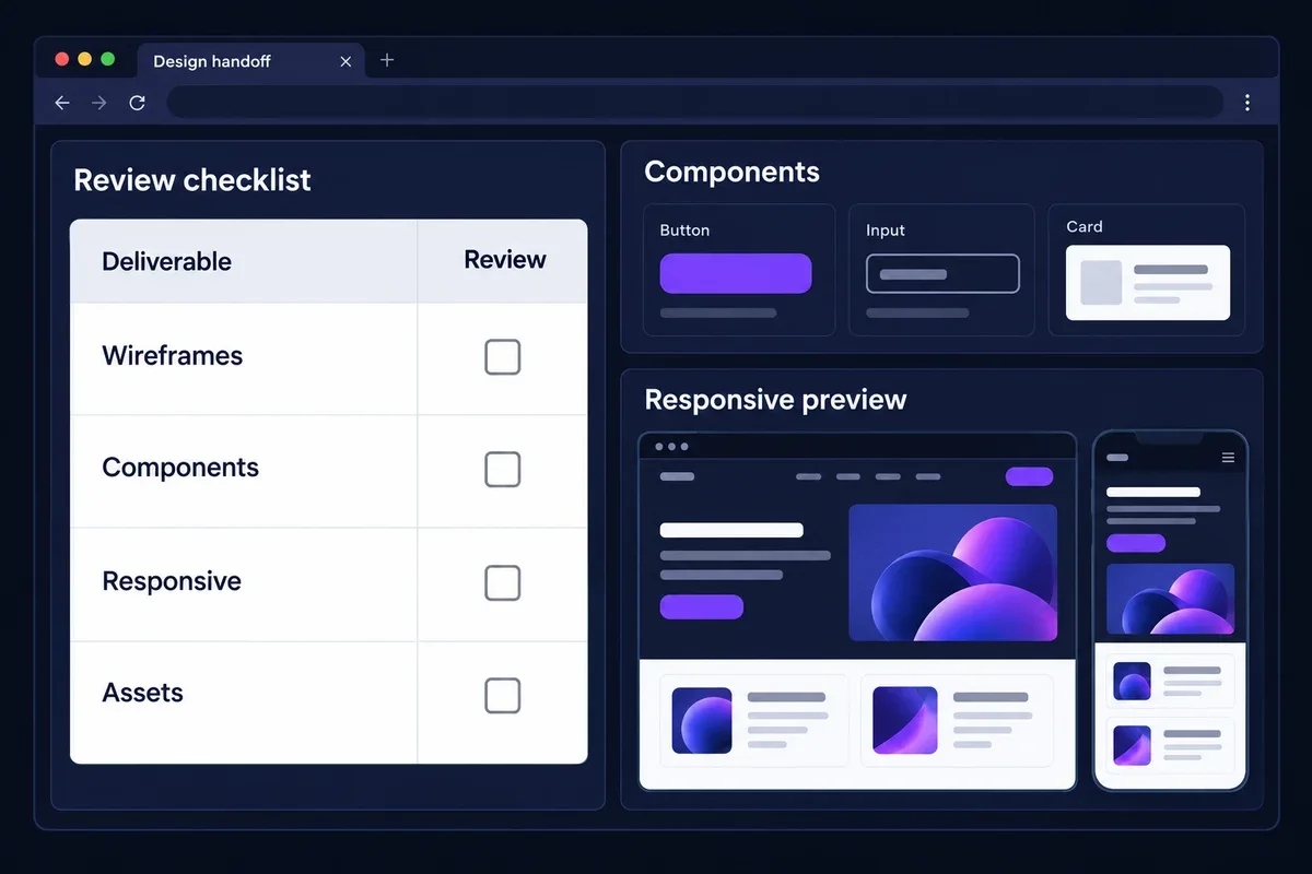 Bảng kiểm bàn giao wireframe, component, responsive và tài nguyên cạnh thư viện thành phần và bản xem trước website.