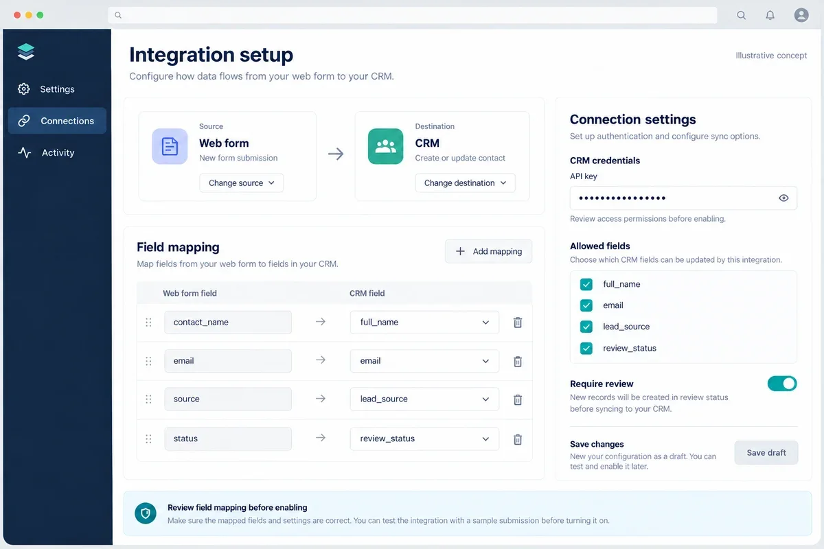 Concept giao diện cấu hình tích hợp form với CRM, ánh xạ trường dữ liệu và giới hạn quyền cập nhật.