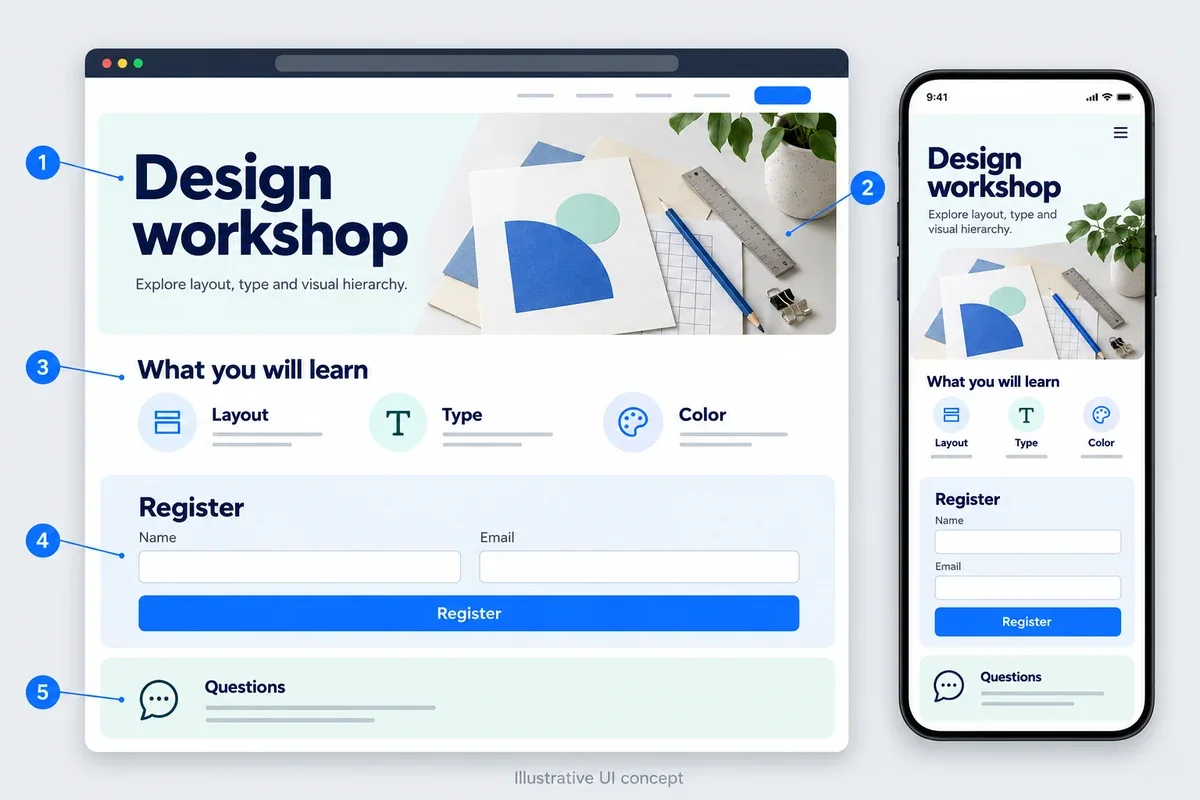 Concept landing page workshop trên máy tính và điện thoại với tiêu đề, nội dung, biểu mẫu đăng ký và câu hỏi thường gặp