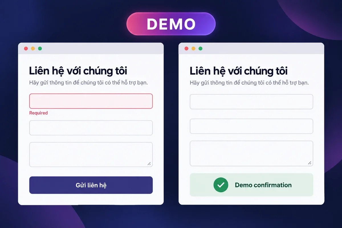 Minh họa hai trạng thái biểu mẫu liên hệ: báo lỗi trường bắt buộc và màn hình xác nhận demo.
