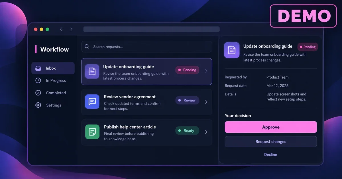 Giao diện workflow DEMO với danh sách yêu cầu mẫu, trạng thái xử lý và bảng duyệt