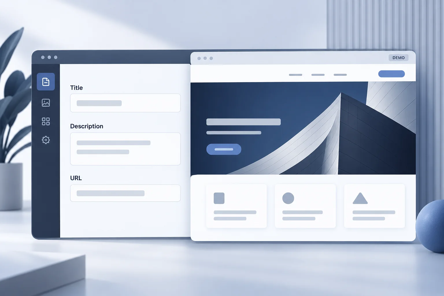Minh họa chỉnh sửa tiêu đề, mô tả và URL trong CMS bên cạnh bản xem trước website.