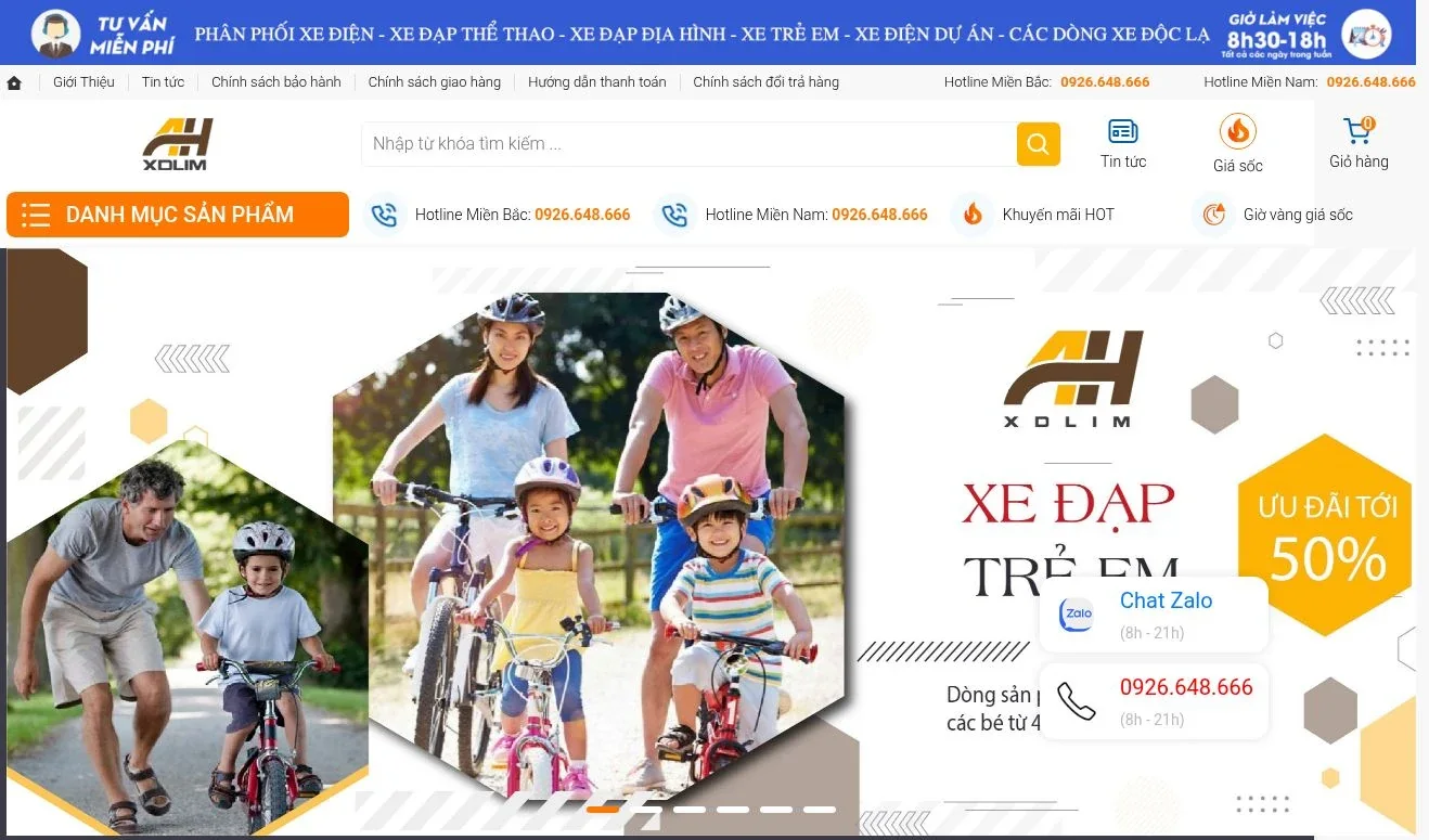 Trang chủ A Hìu với ô tìm kiếm, danh mục sản phẩm, giỏ hàng và banner xe đạp trẻ em.