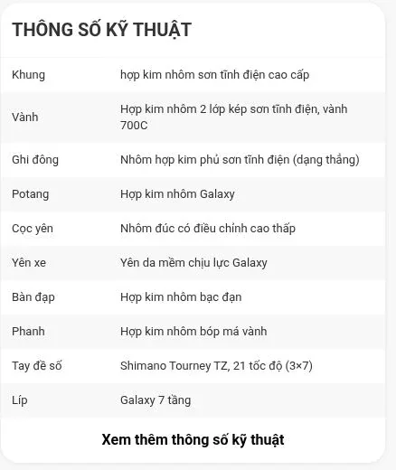 Bảng thông số Galaxy LP300 trên A Hìu gồm khung, vành, ghi đông, phanh, tay đề số và líp.