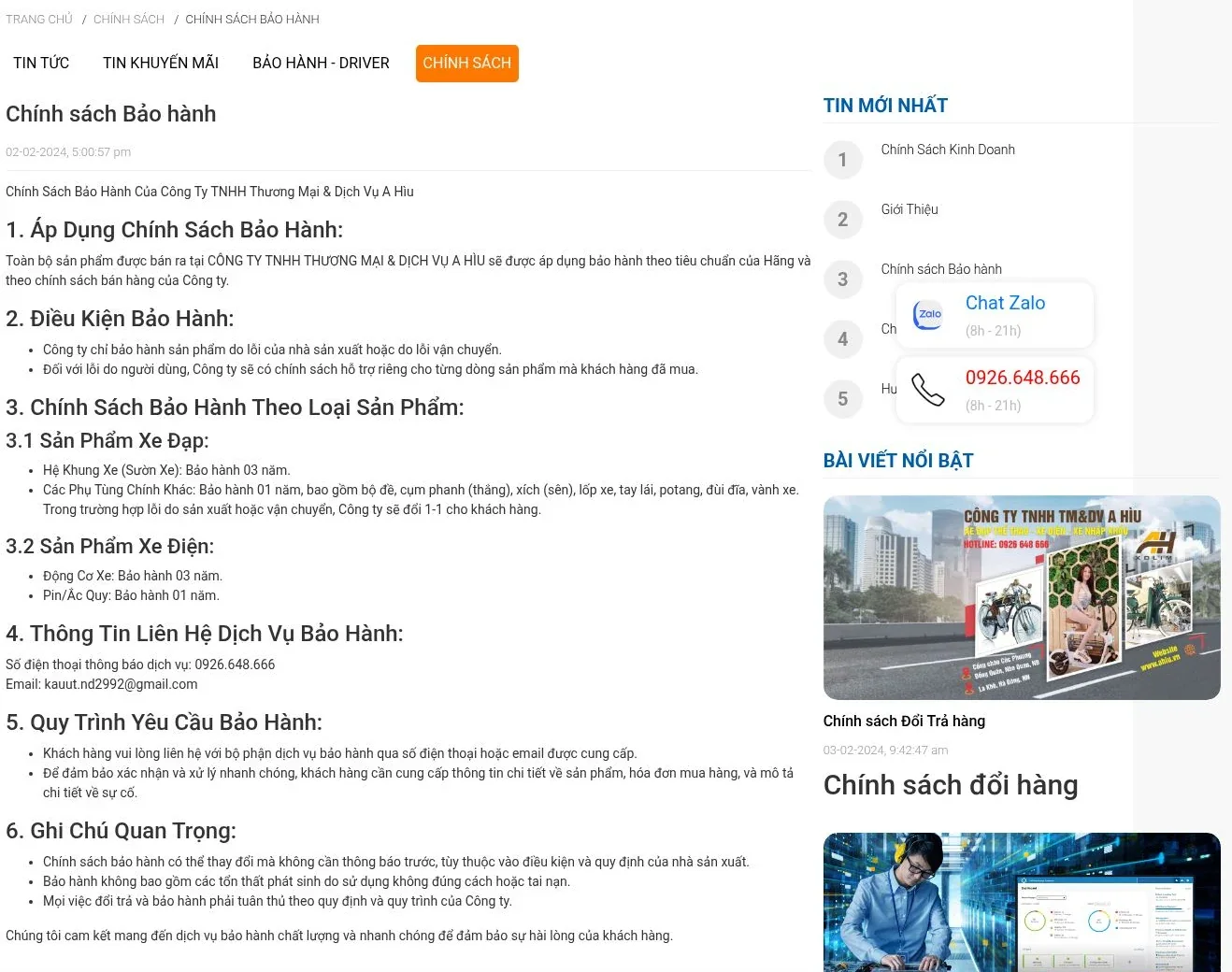 Trang chính sách bảo hành A Hìu với các mục điều kiện, nhóm sản phẩm, quy trình và thông tin liên hệ.