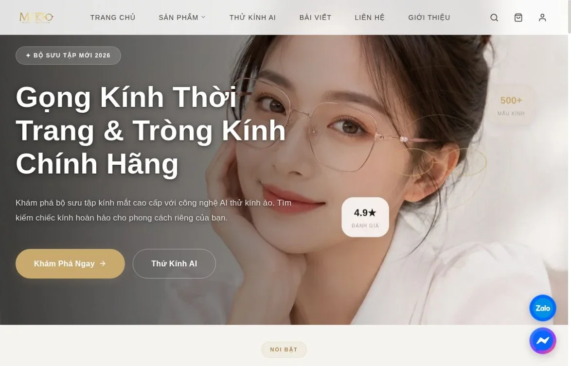 Trang chủ MITOO với thông điệp gọng kính thời trang và hai nút khám phá sản phẩm, thử kính AI.