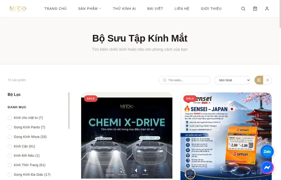 Danh mục sản phẩm MITOO với ô tìm kiếm, lựa chọn sắp xếp, bộ lọc danh mục và ảnh tròng kính.