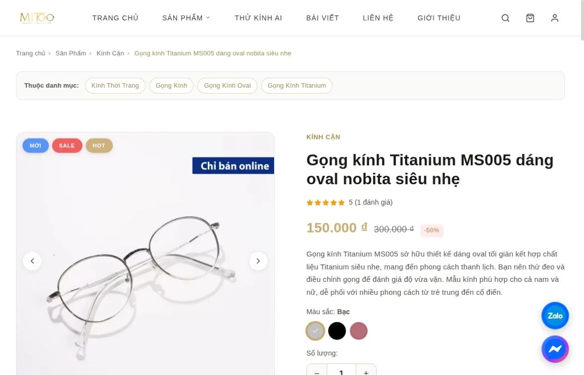 Trang gọng kính MS005 trên MITOO với thư viện ảnh, màu sắc, giá và khu vực lựa chọn sản phẩm.