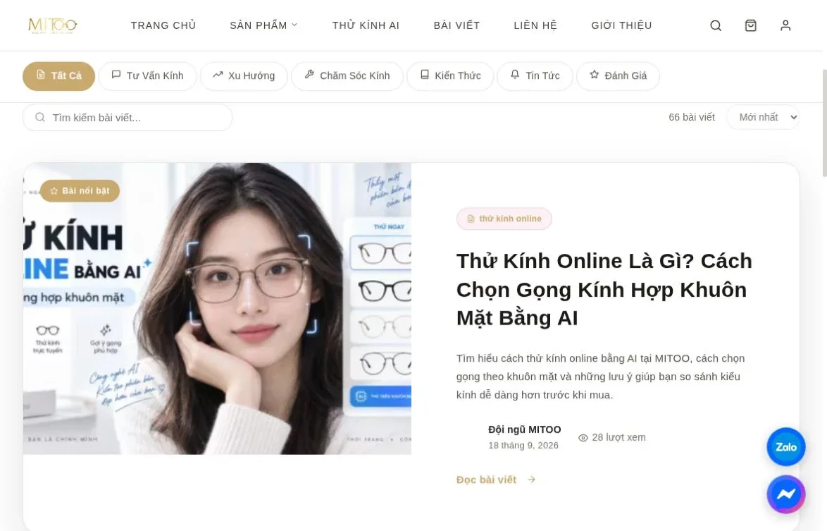 Khu vực bài viết MITOO với các nhóm chủ đề, ô tìm kiếm và danh sách nội dung về kính mắt.