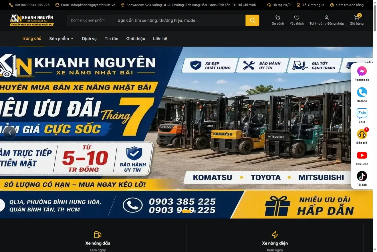 Trang chủ website Khanh Nguyên Forklift với hotline, ô tìm kiếm sản phẩm, menu điều hướng và banner xe nâng Komatsu, Toyota, Mitsubishi.