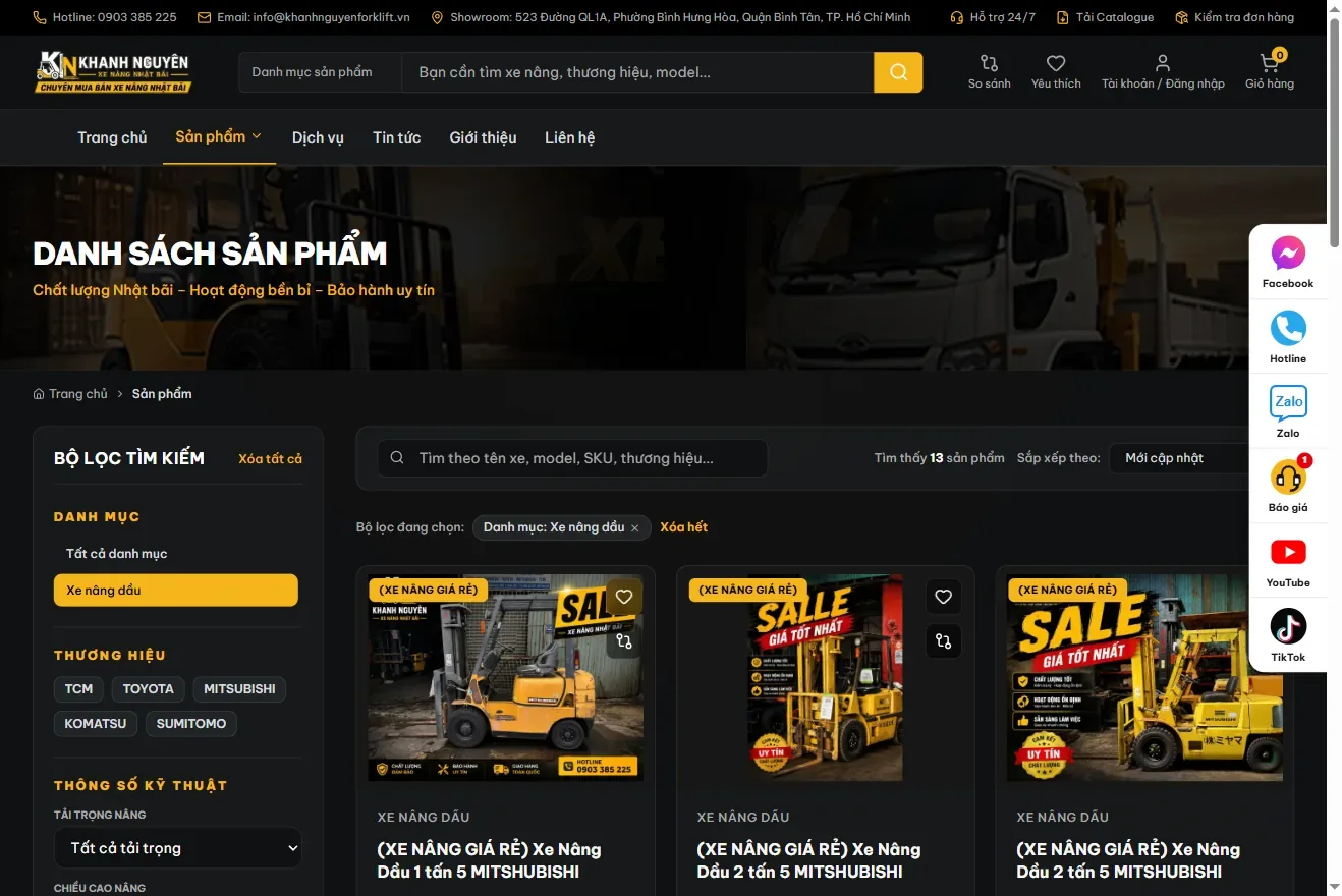 Trang danh sách xe nâng dầu với bộ lọc danh mục, thương hiệu TCM, Toyota, Mitsubishi, Komatsu, Sumitomo và các lựa chọn thông số kỹ thuật.