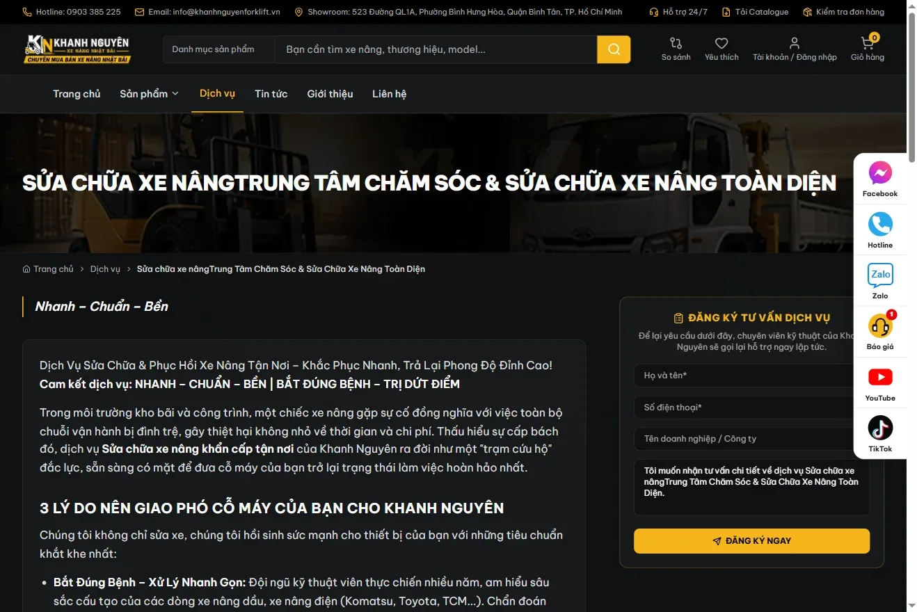 Trang dịch vụ sửa chữa xe nâng với tiêu đề, đường dẫn breadcrumb, nội dung giới thiệu và biểu mẫu đăng ký tư vấn.