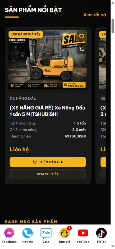 Giao diện điện thoại của trang chủ với thẻ xe nâng dầu Mitsubishi, tải trọng nâng, chiều cao nâng, nút thêm báo giá và thanh liên hệ nhanh.